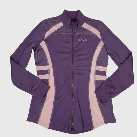 BCBG Maxazria Womens Jacket M Purple Pink Stripe Athletic Track Full Zip Active - Picture 1 of 10